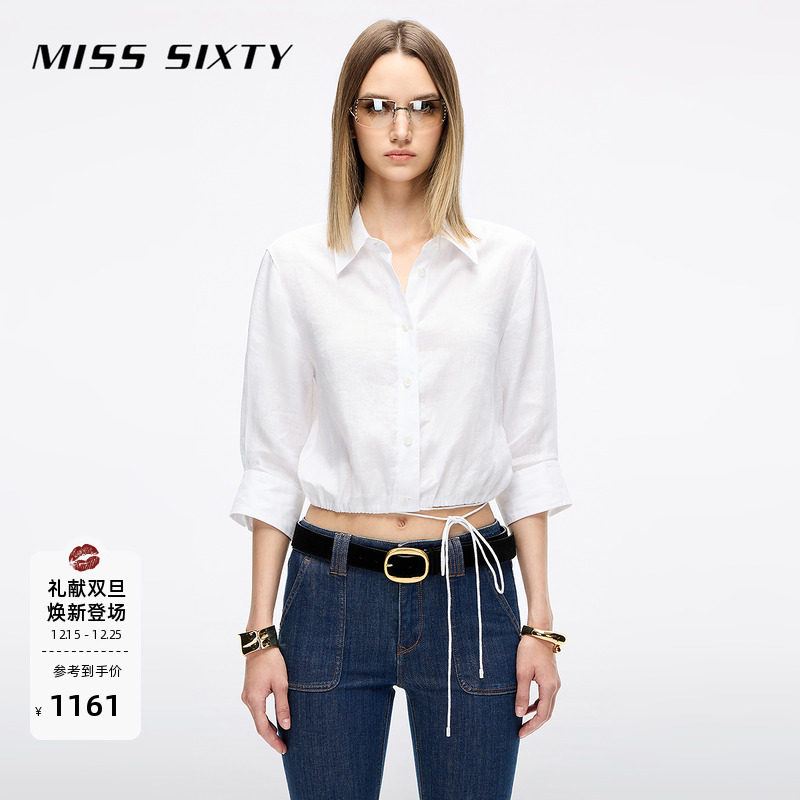 Miss Sixty2025秋季新款亚麻衬衫女翻领七分袖抽绳系带
