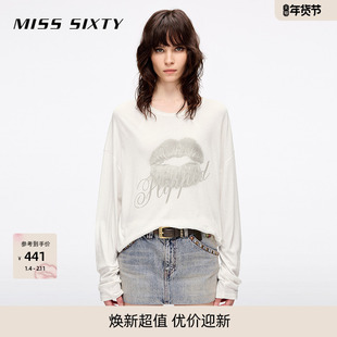 Miss Sixty2025夏季新款长袖T恤女圆领宽松中长款复古印花上衣