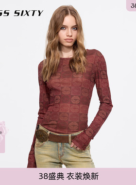 Miss Sixty2026春季长袖T恤圆领唇印修身轻薄木耳花边正肩红色