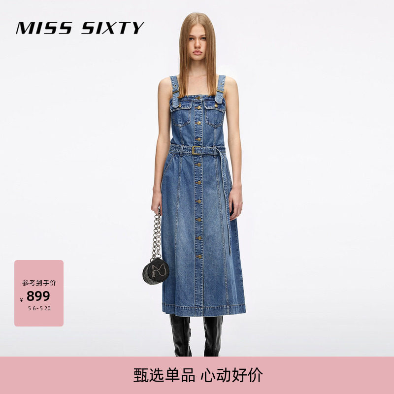 Miss Sixty2026春夏新款牛仔连衣裙女复古洗水修身配腰