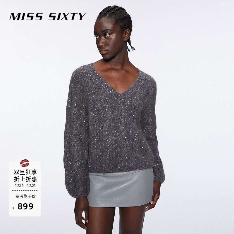 【保暖羊驼毛】【杨幂同款】Miss Sixty针织衫女V领复古绞