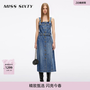 Miss Sixty2026春季新款牛仔连衣裙女复古洗水修身配腰带背带裙