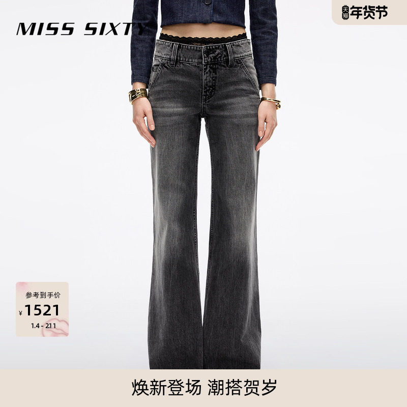 Miss Sixty2025秋季新款牛仔裤女性感蕾丝拼接腰头复古显瘦喇叭裤,女装/女士精品,牛仔裤,淘宝优惠券,粉丝福利购,淘宝优惠卷