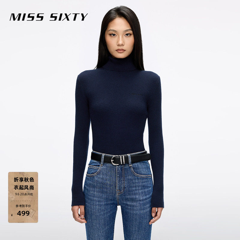 Miss Sixty秋季羊毛羊绒针织衫女气质上衣高领紧身长袖简约刺绣