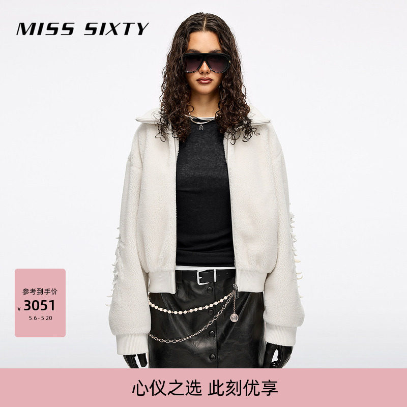 Miss Sixty冬季仿皮草外套外搭女重工钉珠天使羽翼翻领宽松