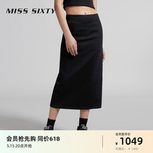 Miss Sixty2024夏季新款牛仔半身裙女复古开衩设计黑色显瘦长裙