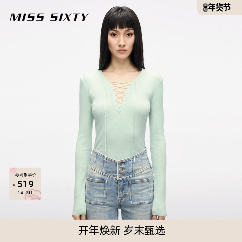 [大领口]Miss Sixty25春秋针织衫系带羊毛桑蚕丝混纺设计休闲毛衣