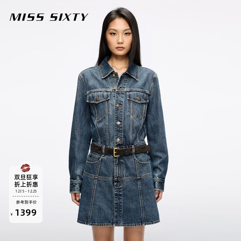 Miss Sixty2025秋季新款棉质牛仔连衣裙女配腰带复古工