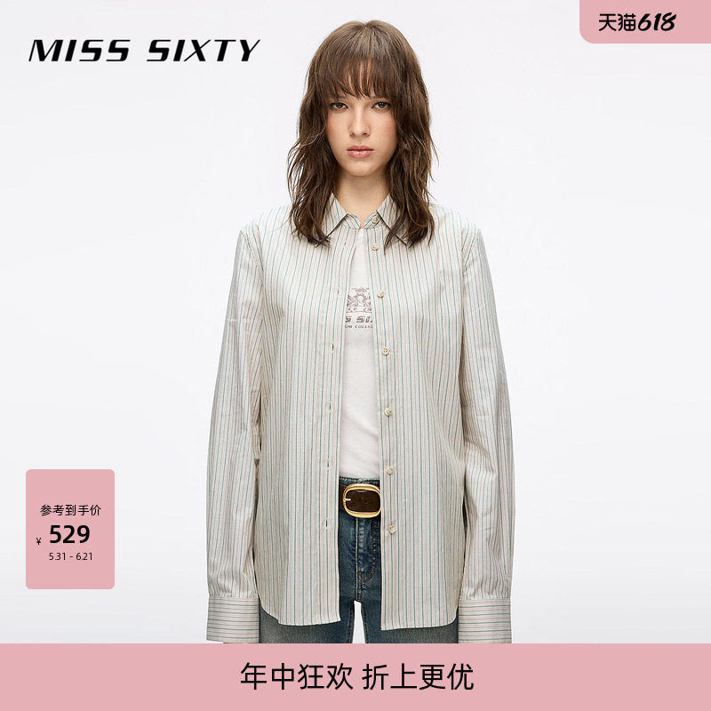 Miss Sixty2026春季衬衫女条纹翻领长袖上衣中长款休闲薄款