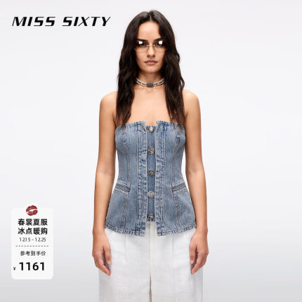 Miss Sixty2025夏季新款牛仔抹胸上衣女修身显瘦性感短款后拉链