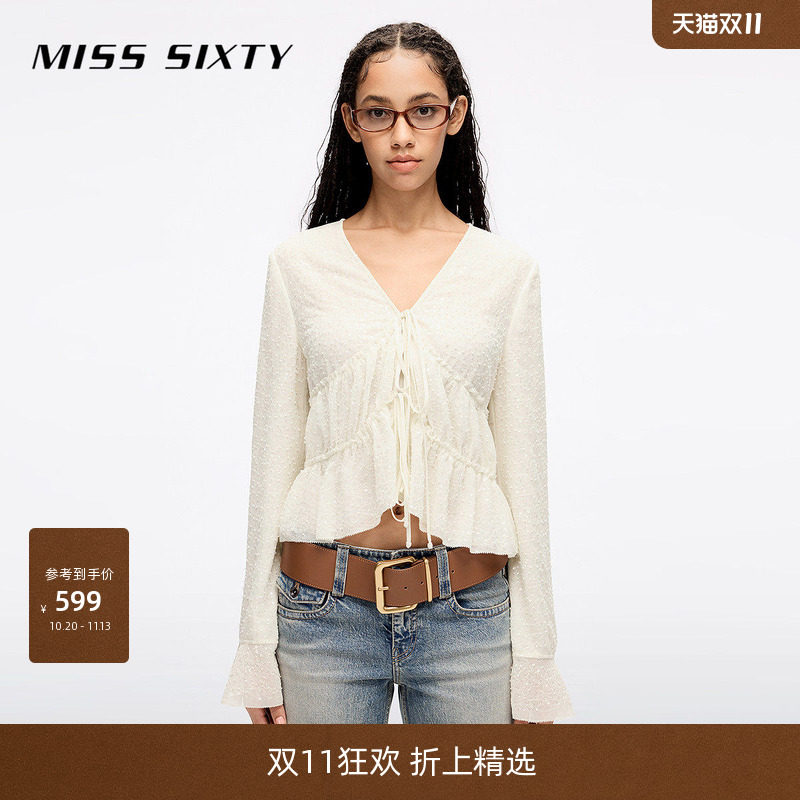 Miss Sixty2026春夏衬衫V领系带荷叶边雪纺珠片绣短款