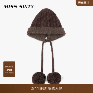 Miss Sixty2026冬季新款帽子女毛球护耳花纱毛织帽含羊毛马海毛