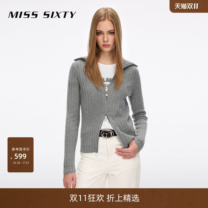 【羊毛棉混纺】Miss Sixty2026冬季新款针织开衫女翻领紧身外套
