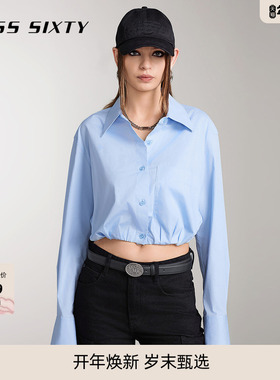 Miss Sixty宽松长袖衬衫上衣清新蓝色松紧收腰短款百搭休闲