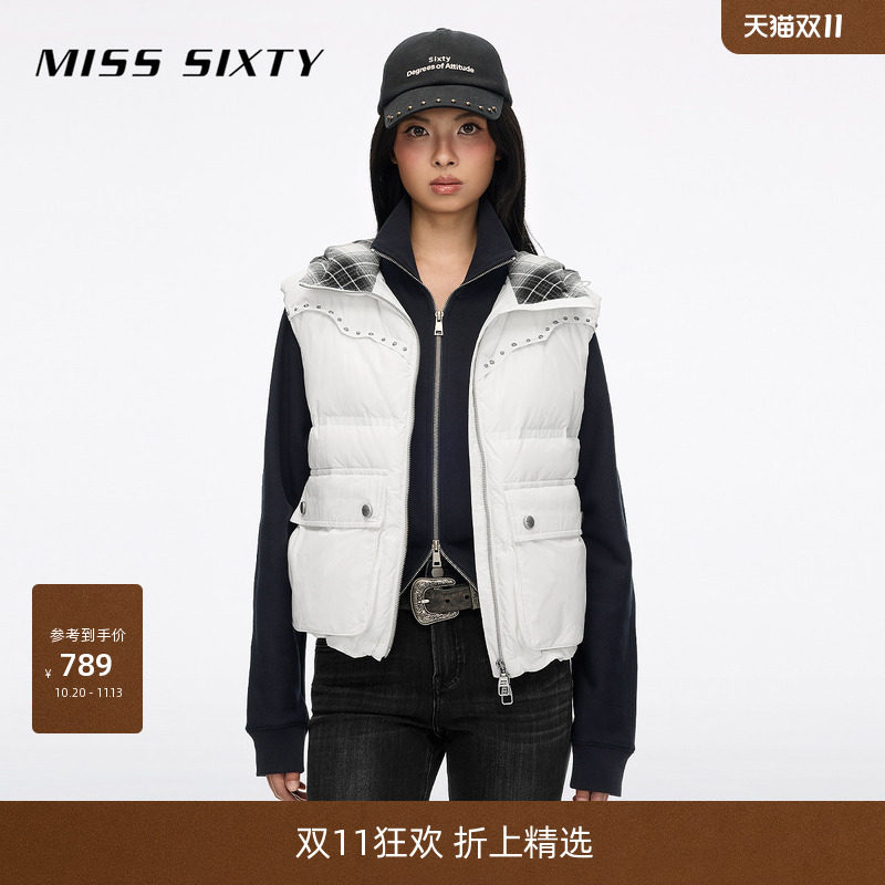 【90鸭绒】Miss Sixty2026秋季新款羽绒马甲女立领连帽撞钉背心