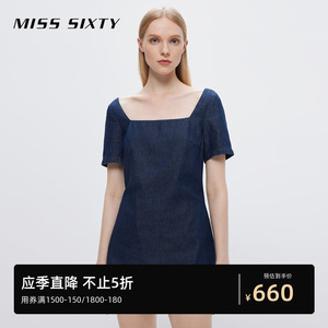 Miss Sixty2022夏季新款牛仔连体短裤女含麻棉质方领短袖深色裙裤