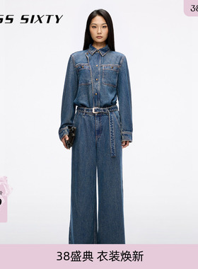 Miss Sixty25秋新款 含莱赛尔 棉质牛仔连体裤女配腰带工装直筒裤