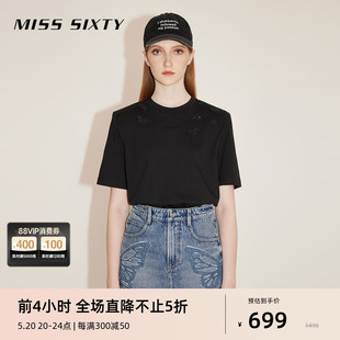 Miss SixtyT恤女圆领垫肩设计重工钉珠蝴蝶短袖 气质宽松百搭上衣