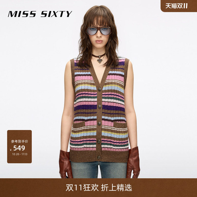 Miss Sixty秋季羊毛桑蚕丝针织马甲女V领无袖条纹叠穿背心