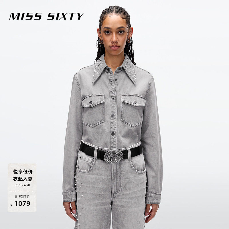 Miss Sixty春秋款牛仔衬衫女复古工装浅灰色重工钉钻亮片外