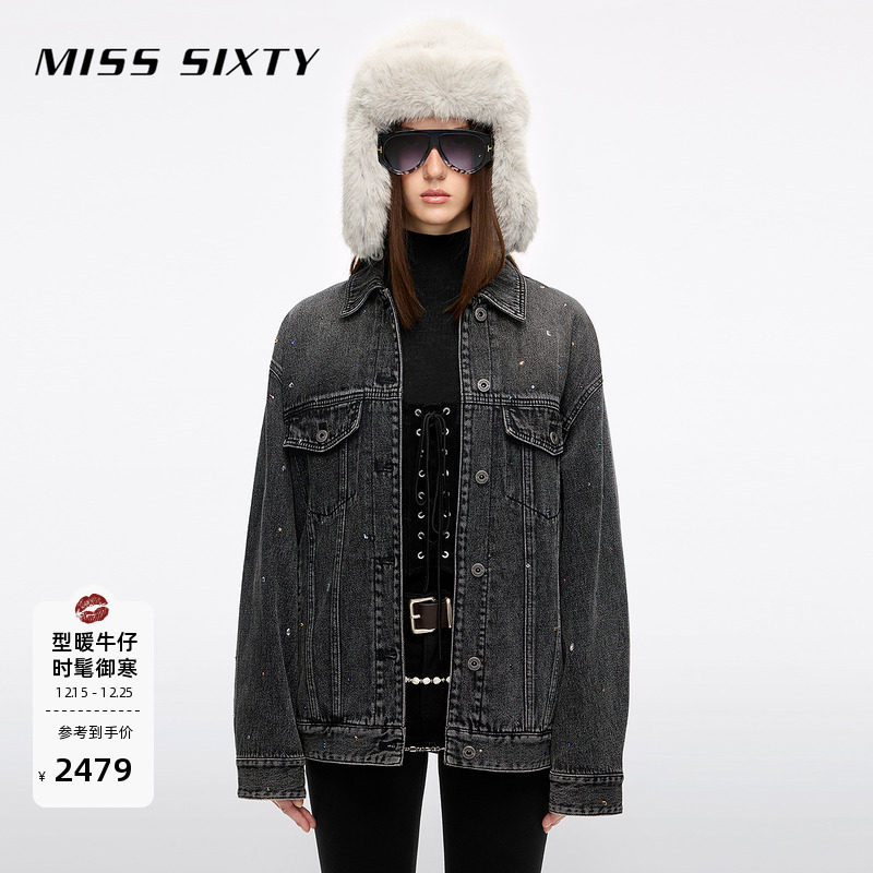 Miss Sixty2025冬季新款抓毛牛仔外套女重工多彩烫钻复