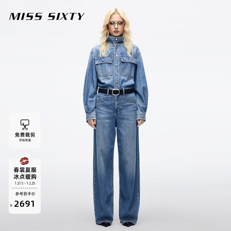 Miss Sixty2025春秋新款牛仔连体裤女立领复古洗水工装