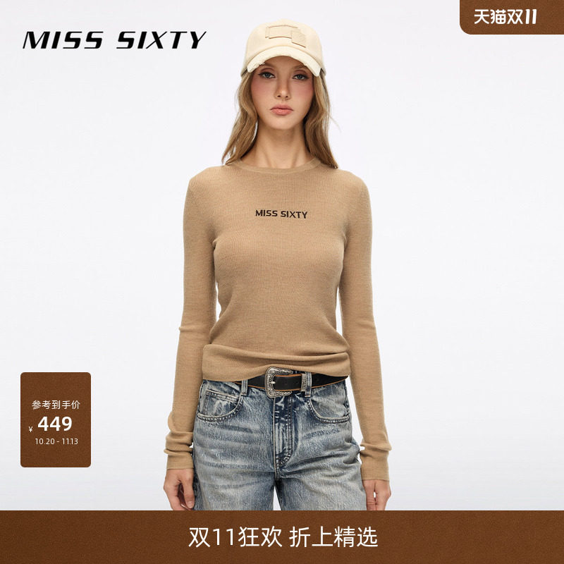 Miss Sixty2026秋季针织衫女圆领修身羊毛桑蚕丝混纺徽标上衣