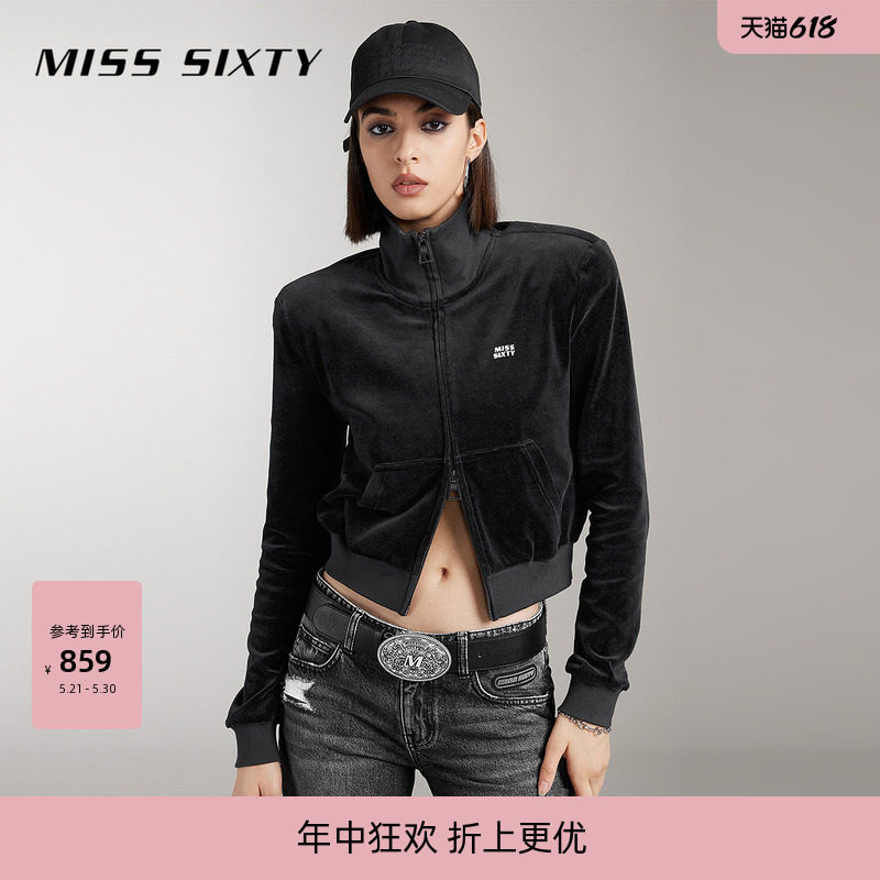 Miss Sixty丝绒休闲外套女翻领短款复古运动风百搭长袖双向