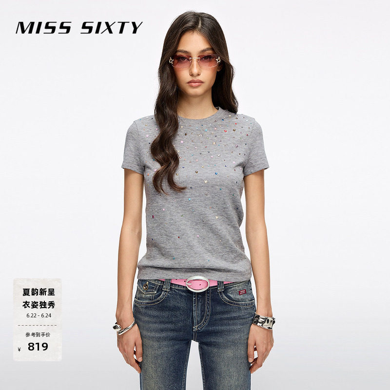 Miss Sixty2026春季新款短袖羊毛T恤女轻奢多彩烫钻甜