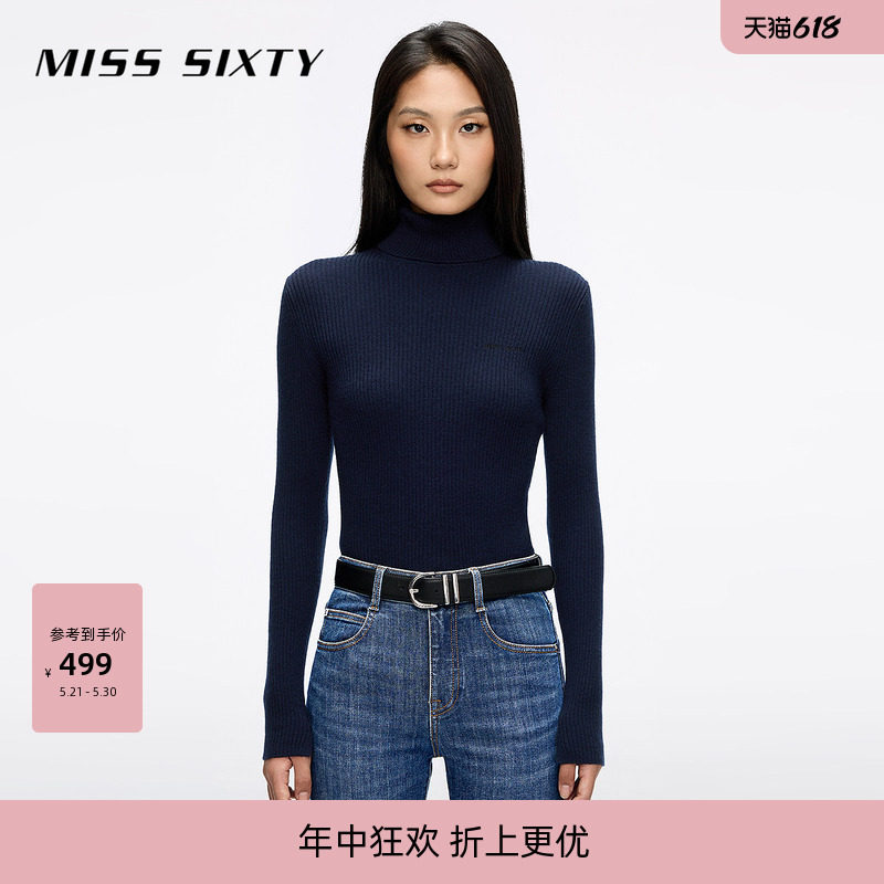 Miss Sixty秋季羊毛羊绒针织衫女气质上衣高领紧身长袖简约