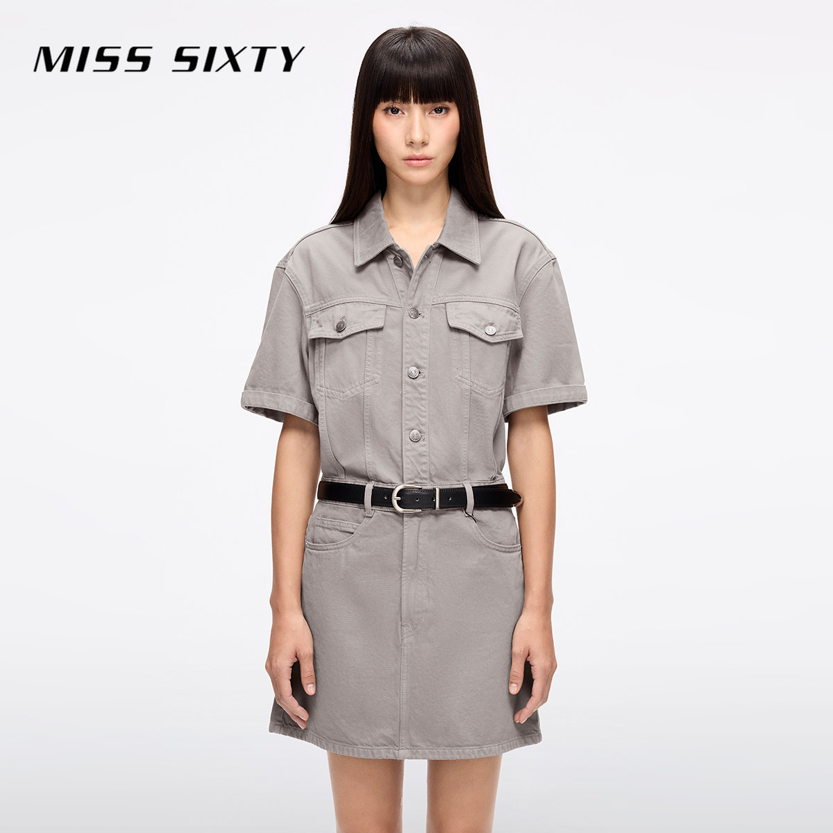 Miss Sixty2026春夏牛仔连身连衣裙女配腰带翻领短袖复古工装短裙