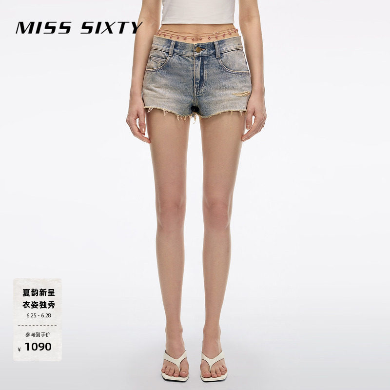【含汉麻】Miss Sixty26夏季新款牛仔短裤女附粉松石腰链