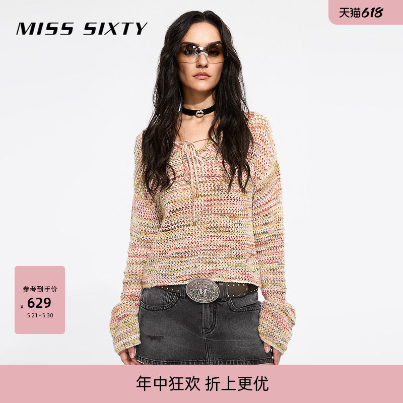 Miss Sixty2026春季长袖针织衫V领系带段染花式纱短款
