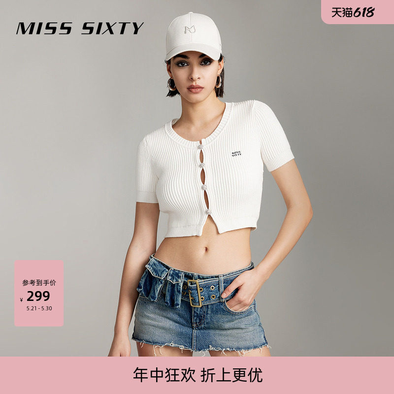 【含桑蚕丝】Miss Sixty春夏针织衫钻饰纽扣圆领短款上衣毛