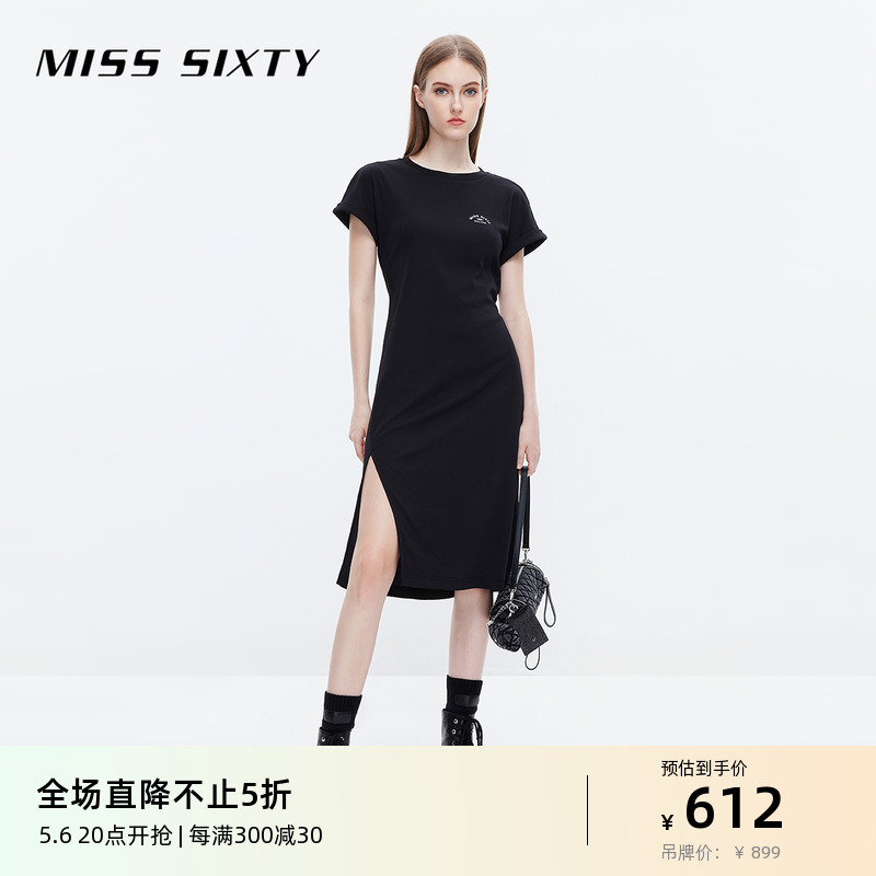 Miss Sixty黑色气质连衣裙高级感圆领短袖修身显瘦开衩休闲小黑裙