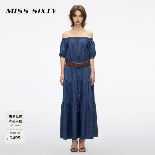 Miss Sixty2026夏季新款牛仔连衣裙女法式系带收腰附腰带长裙