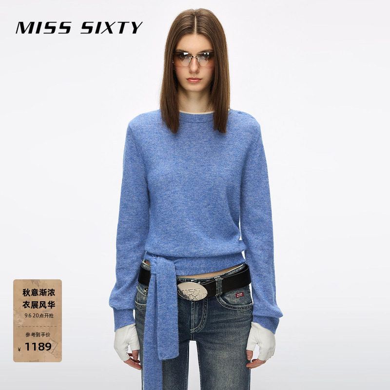 Miss Sixty2026冬季含羊驼毛针织衫女圆领细闪假两件绑带毛衣上衣