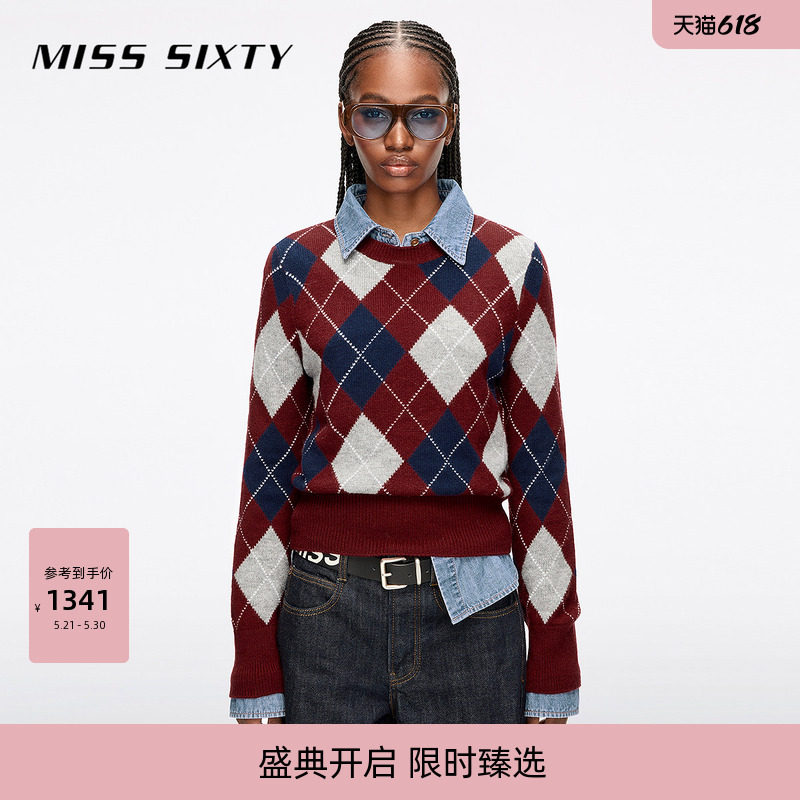 Miss Sixty冬季针织衫女气质上衣毛衣长袖含羊毛菱格纹红色