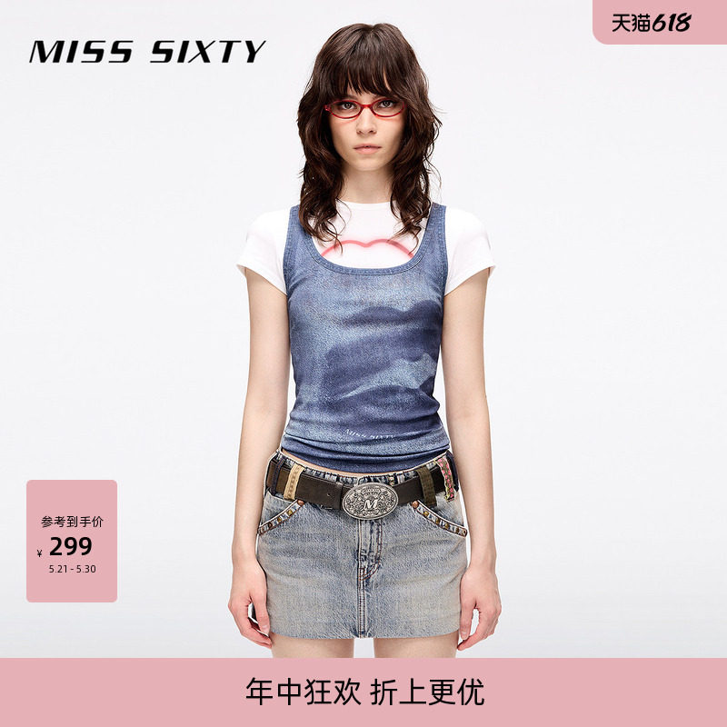 Miss Sixty2026夏季背心女U领无袖修身显瘦复古印花外