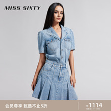 牛仔连衣裙女翻领短袖 新款 假两件百褶裙减龄风 Sixty2024夏季 Miss