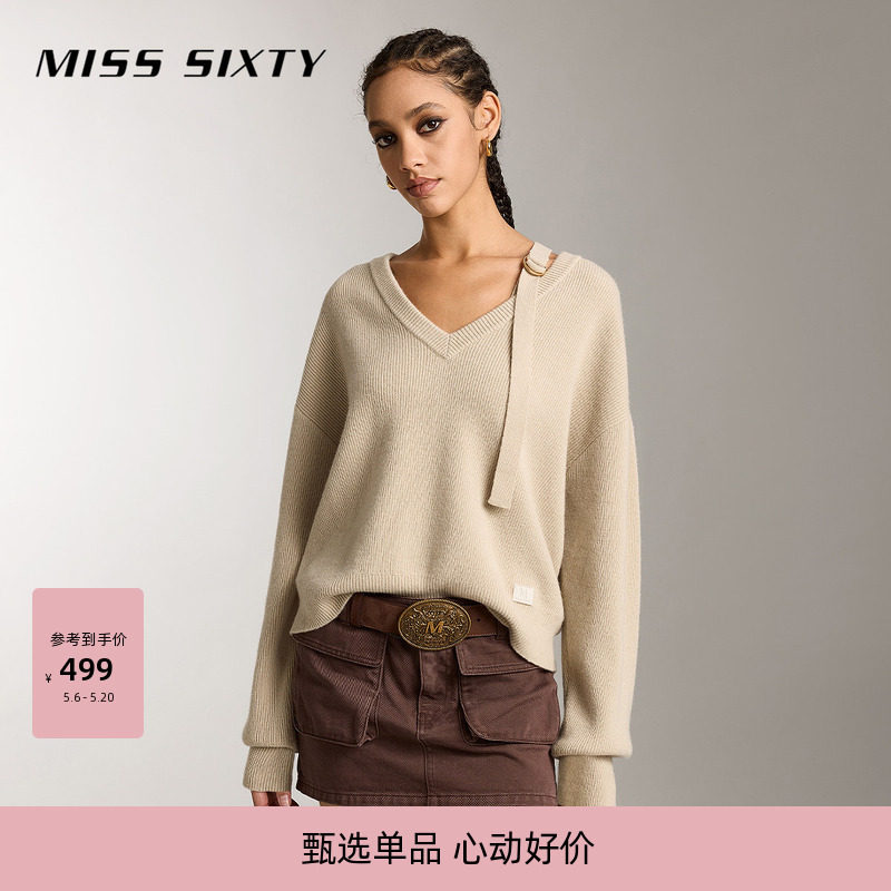 Miss Sixty针织衫含羊毛V领设计感松弛感复古慵懒宽松毛衣