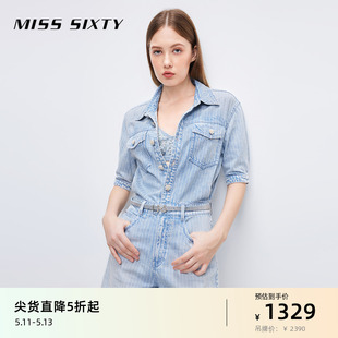 条纹显瘦直筒薄款 Miss 女高腰配腰带时尚 风 Sixty牛仔连体短裤 工装