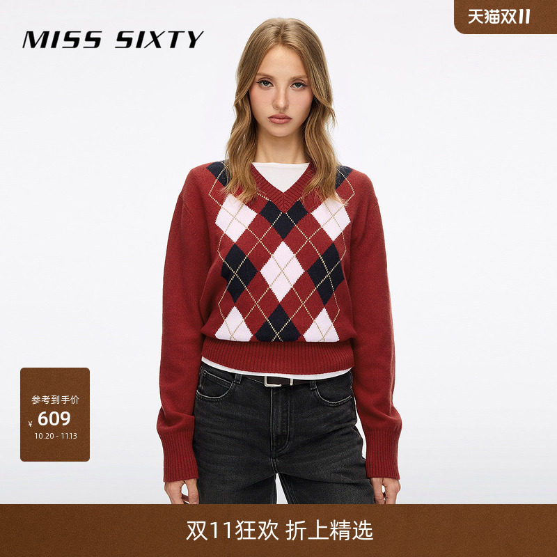 【羊毛棉混纺】Miss Sixty2026秋季新款针织衫女V领菱