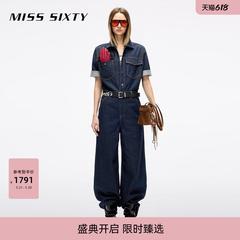 Miss Sixty秋季牛仔连体裤女复古洗水工装风宽松高腰阔腿裤