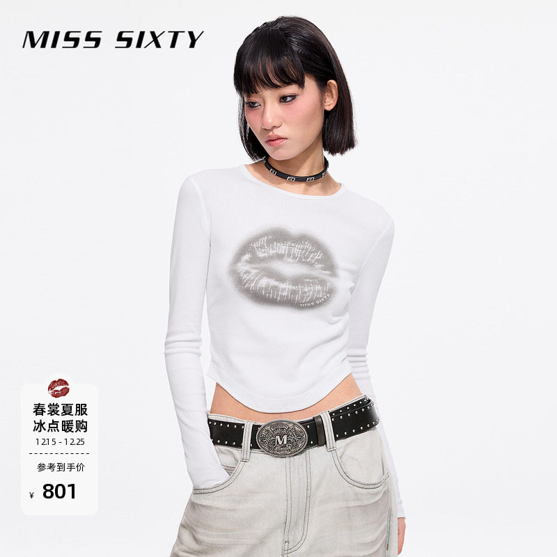 Miss Sixty2025春秋款正肩T恤女唇印修身显瘦短款白色