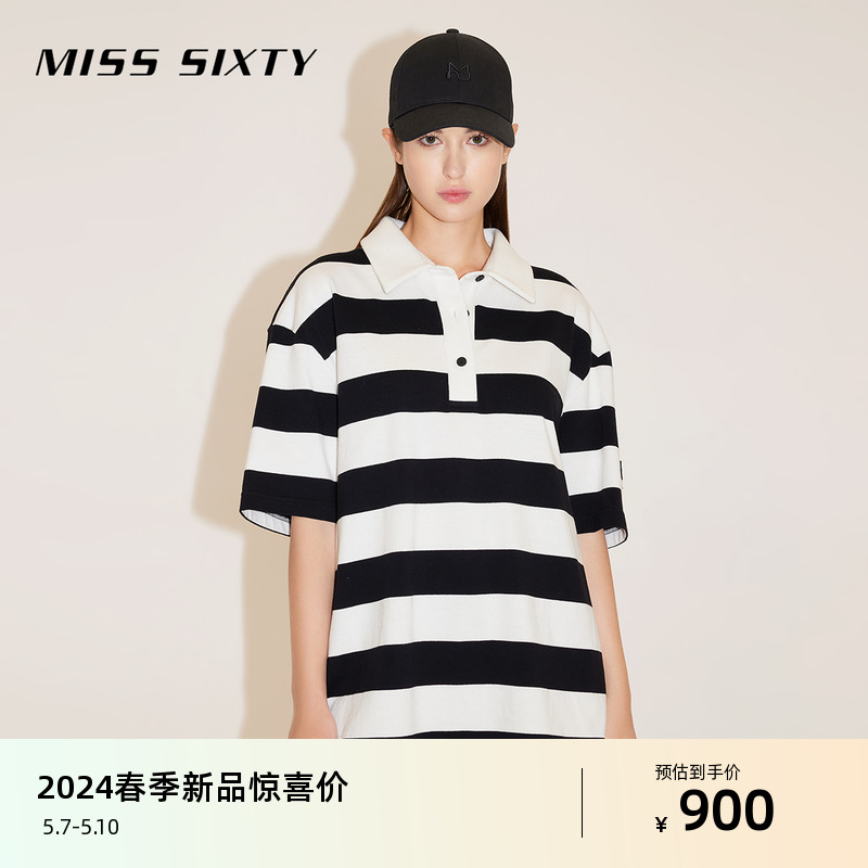 Miss Sixty2024春季新款T恤女Polo领条纹宽松长款落肩休闲