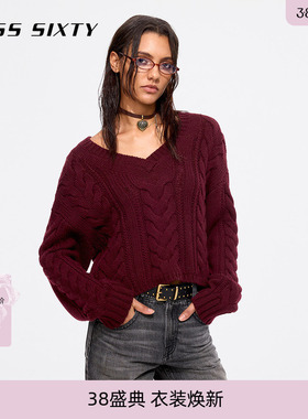 Miss Sixty25春秋针织衫女V领复古麻花慵懒风落肩红色毛衣上衣