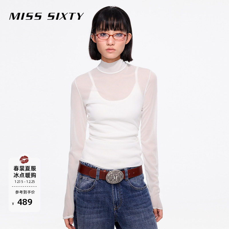 Miss Sixty2025春秋款长袖T恤正肩网纱轻薄叠搭个性百