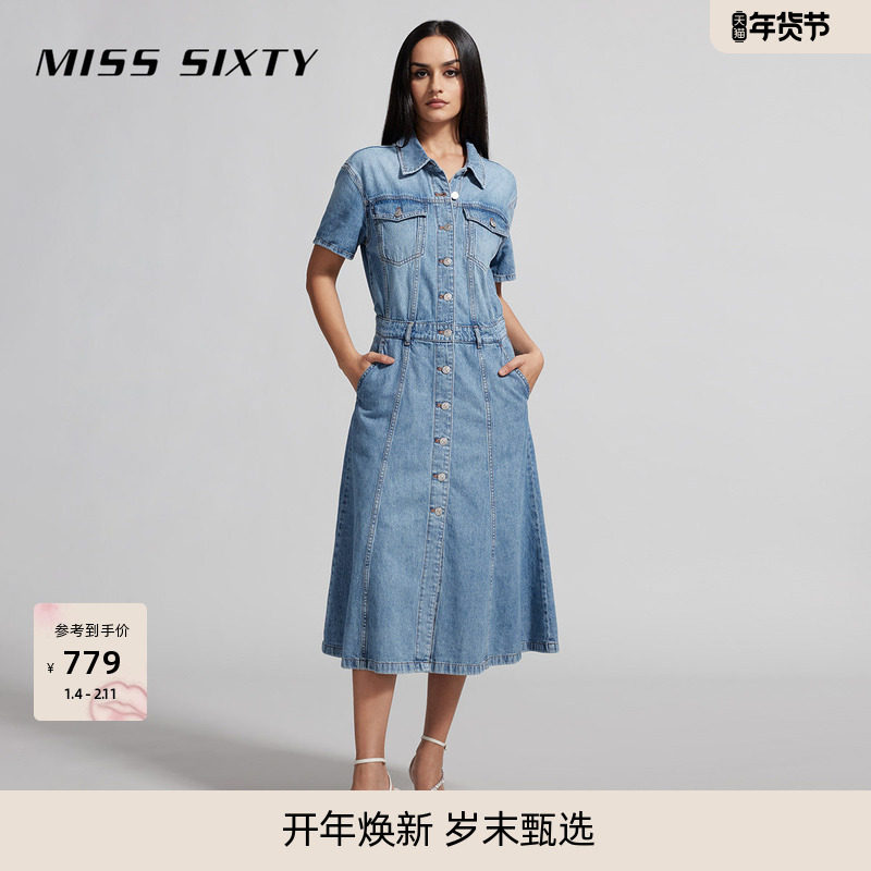Miss Sixty牛仔连身连衣裙单排扣长款复古洗水丹宁风通勤休闲风