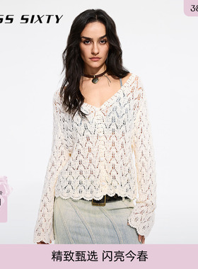 Miss Sixty25春秋新款针织外套V领白色汉麻棉镂空短款罩衫薄款